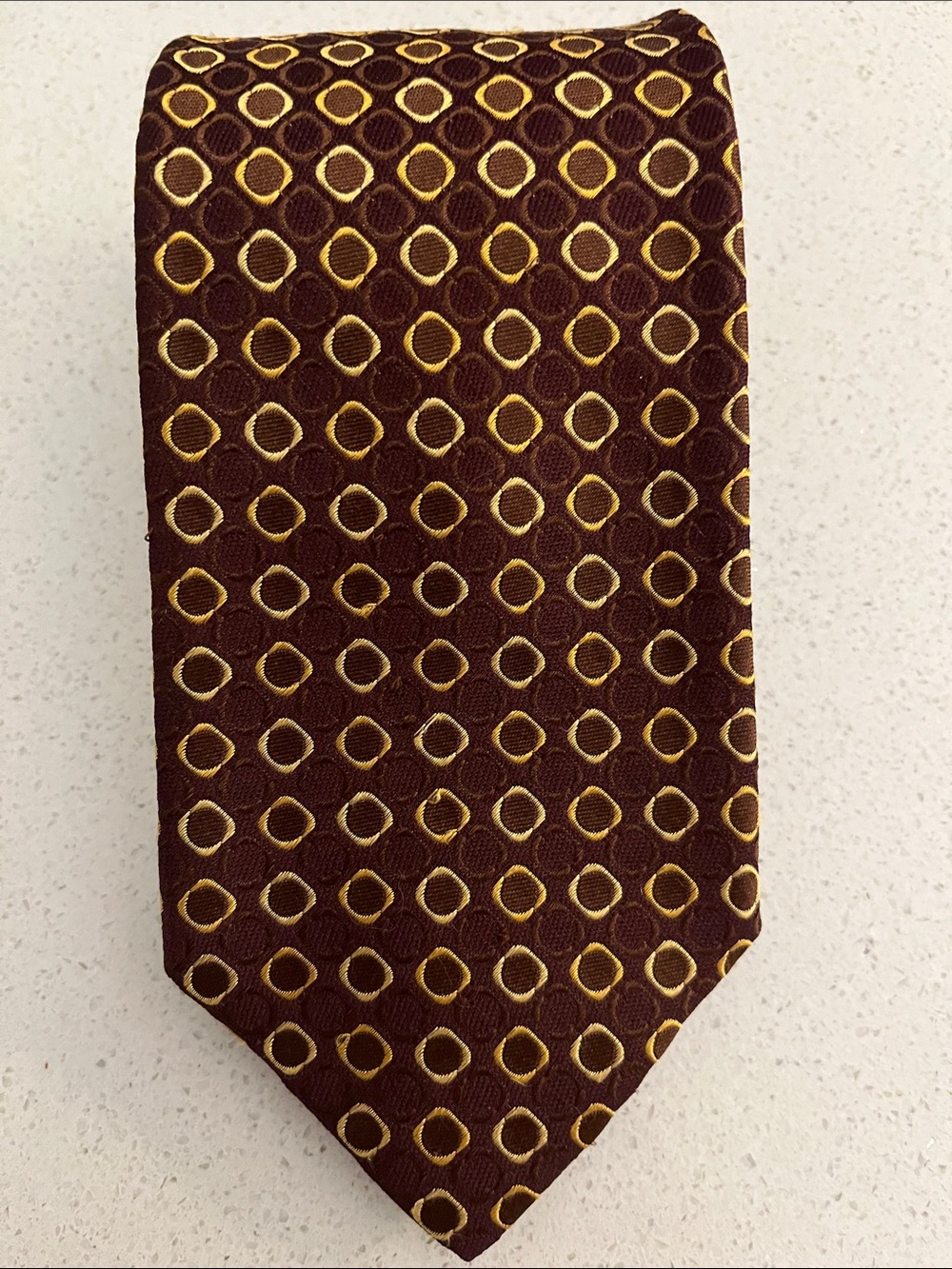 Hugo Boss Brown Tie with Gold Circle Motif. Made in Italy like new